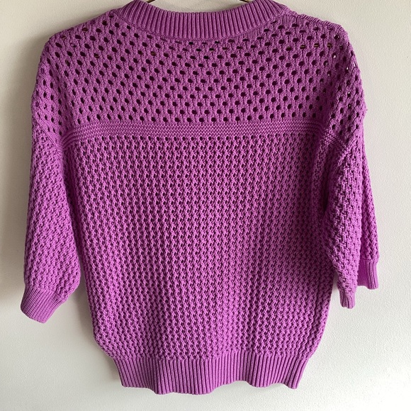 J.Crew Elbow-Sleeve Sweater Crocheted Shoulder Buttons Purple 100% Cotton - Picture 5 of 5